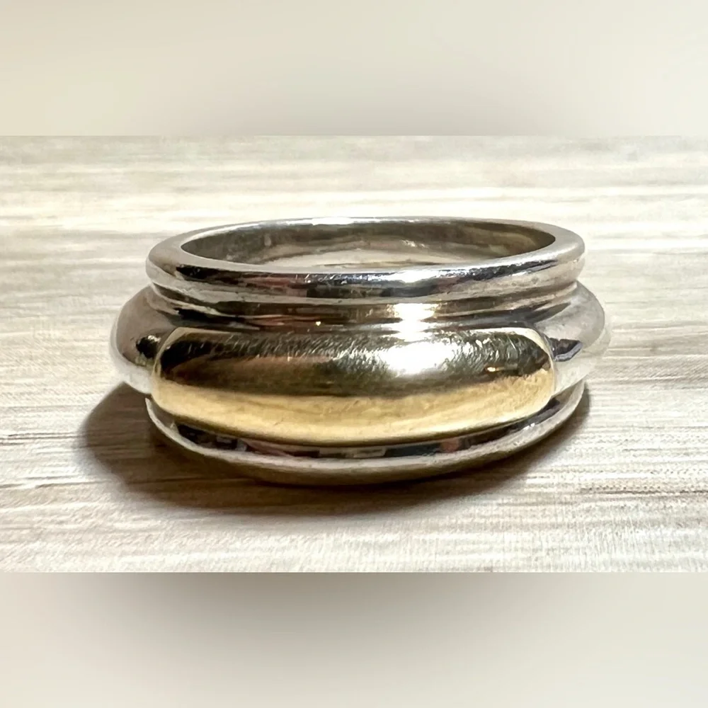 Vintage Designer Ilias Lalaounis Sterling Silver & 14K Gold Band Ring, Size 6.5